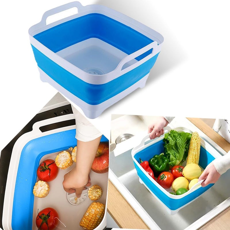 ZhildChen n Collapsible Dish Pans for Washing Dishes 9L Portable Wash Dish Basin Foldable Laundry Tub with Drain Plug for Kitchen Sink Camping RV Accessories (White blue) - Image 4